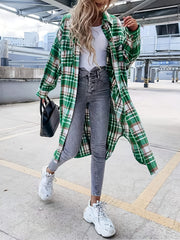 Plaid Print Long Length Jacket Button Front Outwear