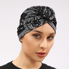 Boho Print Turban Cap Twist Pleated Head Wrap Elastic Head Scarf