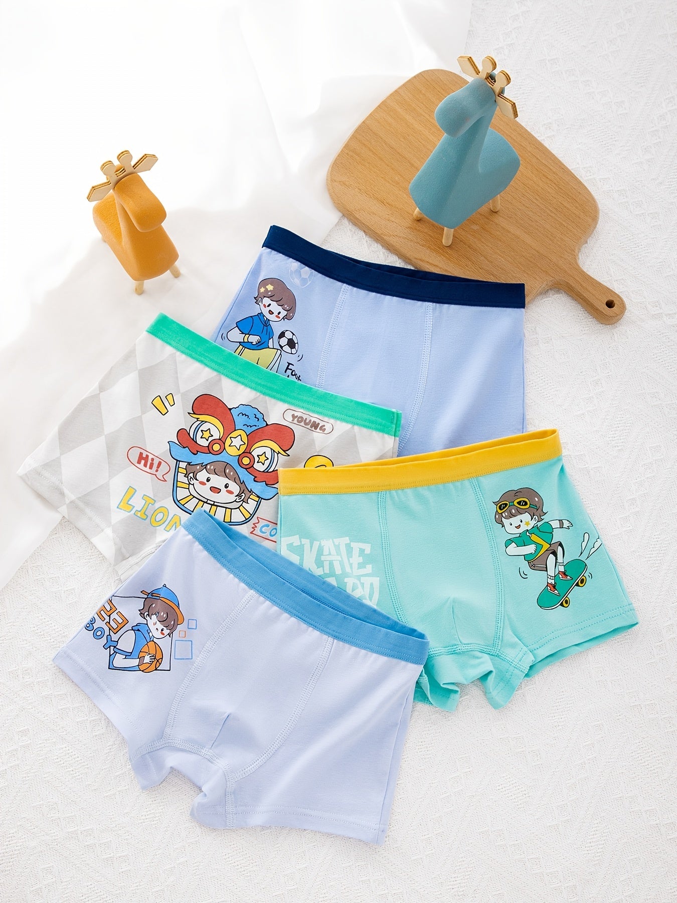 4pcs Boy's Cotton Boxer Briefs Cartoon Sports Boy Print Elastic Waist Shorts