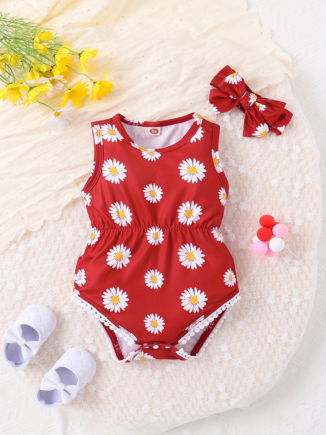 2pcs Baby Girls Floral Onesie Romper & Headband Set