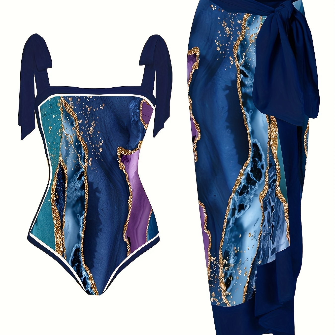 Glitter Marble Print Swimsuit & Cover Up Set