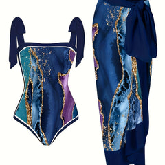 Glitter Marble Print Swimsuit & Cover Up Set