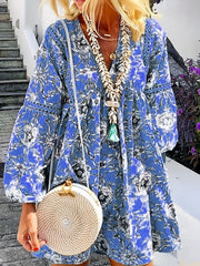 Floral Print Lantern Sleeve V Neck Mini Dress