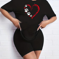 2pcs Women's Summer Casual Sports Suits Heart Graphic T-shirts & Shorts