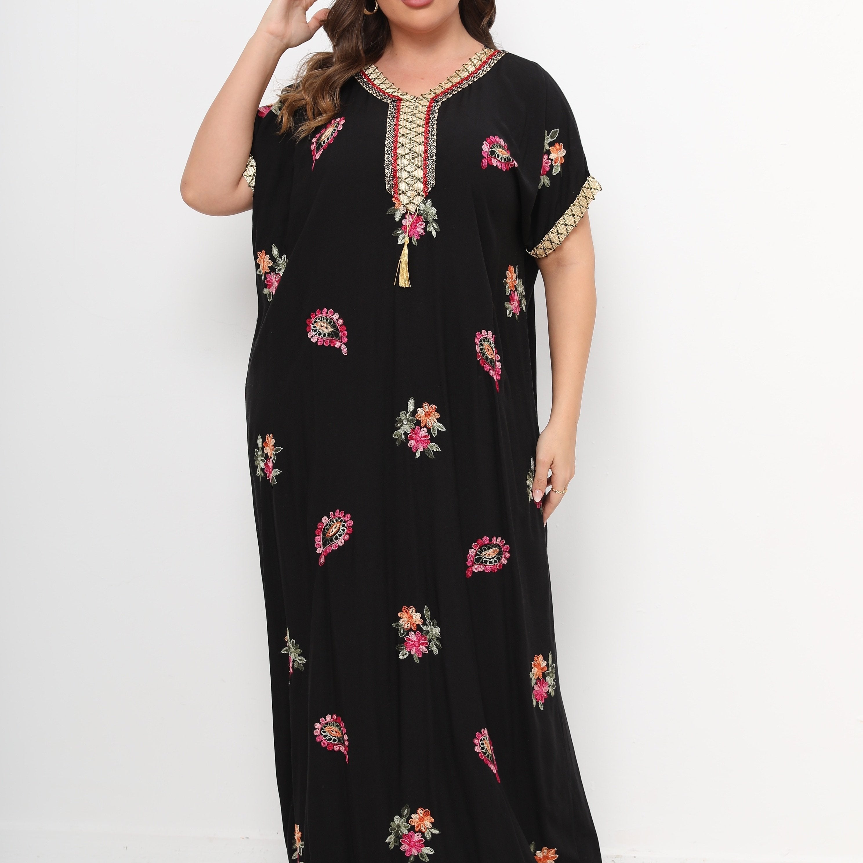 Floral Print Lace Panel Sleeve V Neck Maxi Kaftan Dress