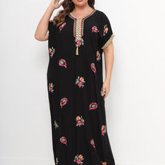 Floral Print Lace Panel Sleeve V Neck Maxi Kaftan Dress