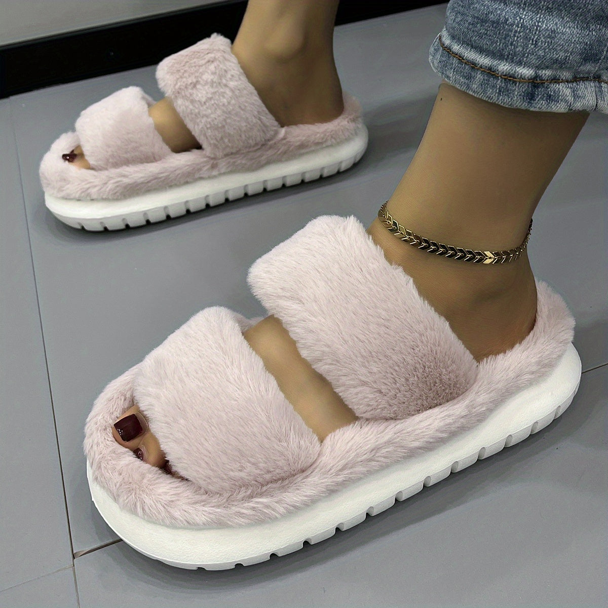 Women's Fuzzy House Slippers Warm & Comfy Open Toe Indoor Shoes Non Slip