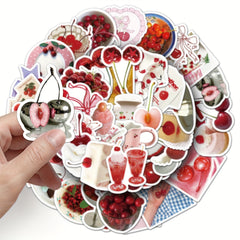 50pcs Cherry Themed Vinyl Stickers Red & Cartoon for Scrapbooking DIY Projects