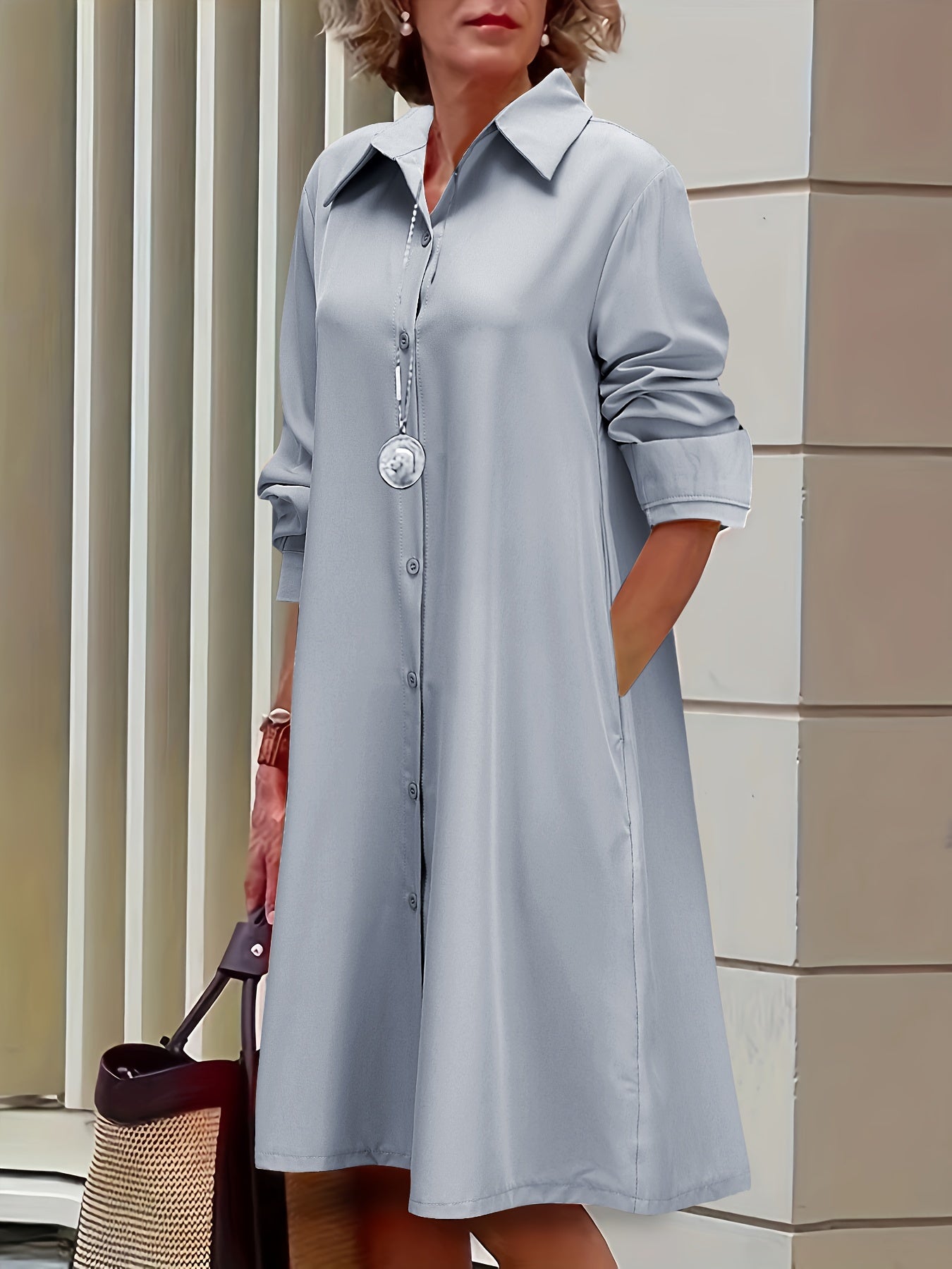 Plus Solid Button Up Long Sleeve Shirt Dress