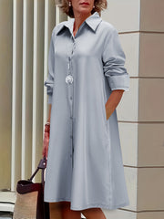 Plus Solid Button Up Long Sleeve Shirt Dress