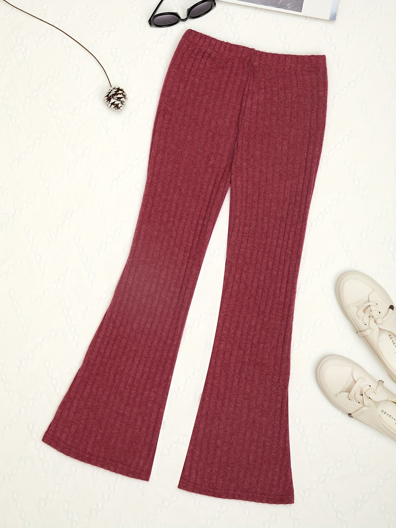 Girls Ribbed Flare Pants High Waist Loose Fit Solid