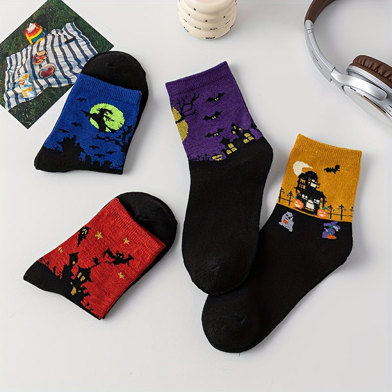 4 Pairs Halloween Print Socks Comfy & Breathable Mid Tube Women's Stockings