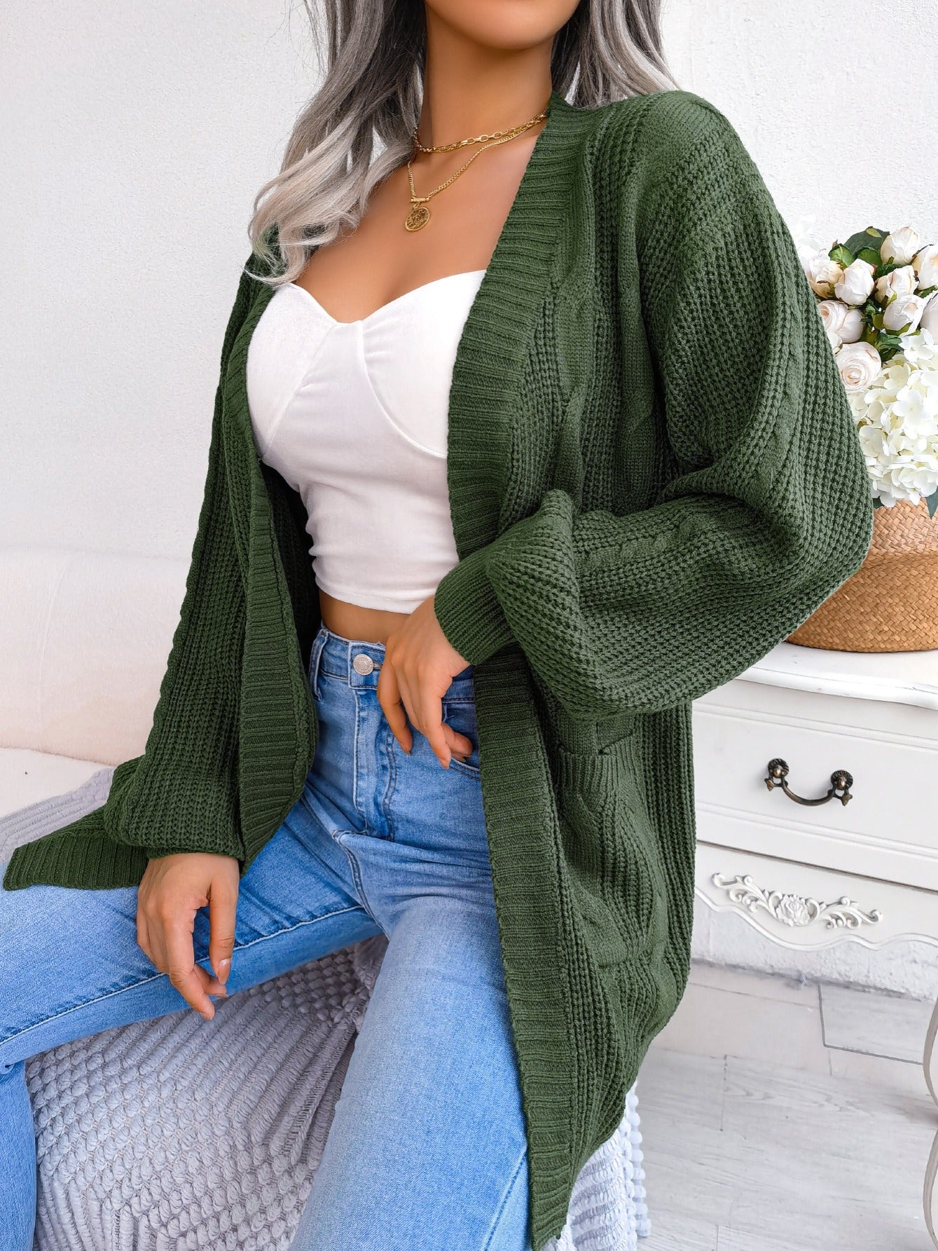 Loose Cactus Lantern Sleeve Cardigan with Pockets