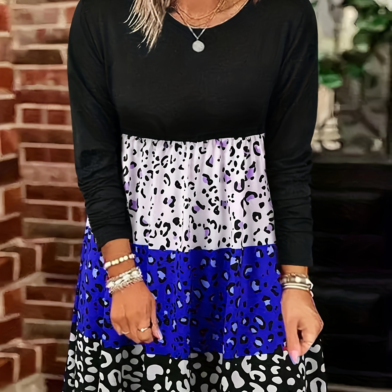 Colorblock Leopard Print Long Sleeve Round Neck Knee Length Dress