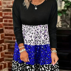 Colorblock Leopard Print Long Sleeve Round Neck Knee Length Dress