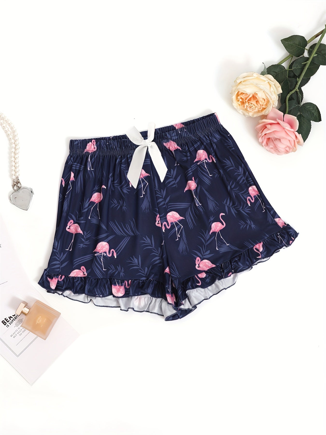 Flamingo Print Lounge Bottoms Elastic Waist Shorts Women's Sleepwear