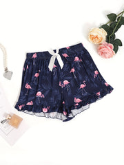 Flamingo Print Lounge Bottoms Elastic Waist Shorts Women's Sleepwear
