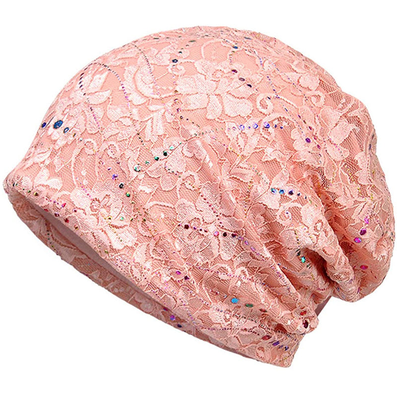 Hotfix Rhinestone Embossed Lace Beanie Hat Solid Skull Cap