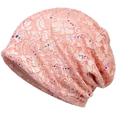 Hotfix Rhinestone Embossed Lace Beanie Hat Solid Skull Cap