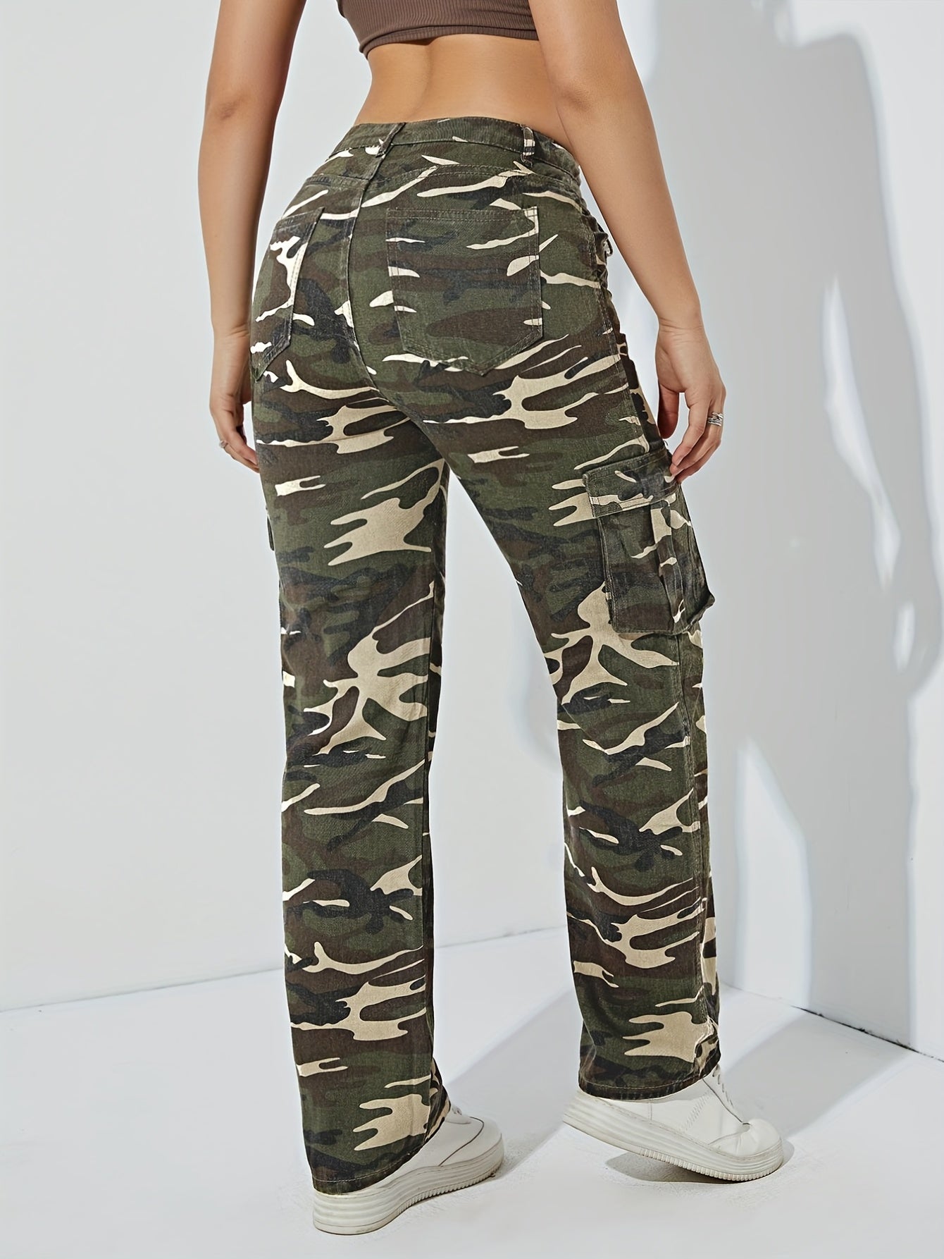High Waist Wide Leg Denim Pants with Flap Pockets