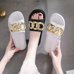 Women's Chain Decor Slide Shoes Quilted Soft Sole PVC Shoes