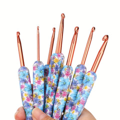 8pcs Aluminum Crochet Hooks Set Bule Floral Ergonomic Handle Comfort Grip
