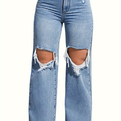 Women's Plus Solid Ripped High Rise Wide Leg Jeans