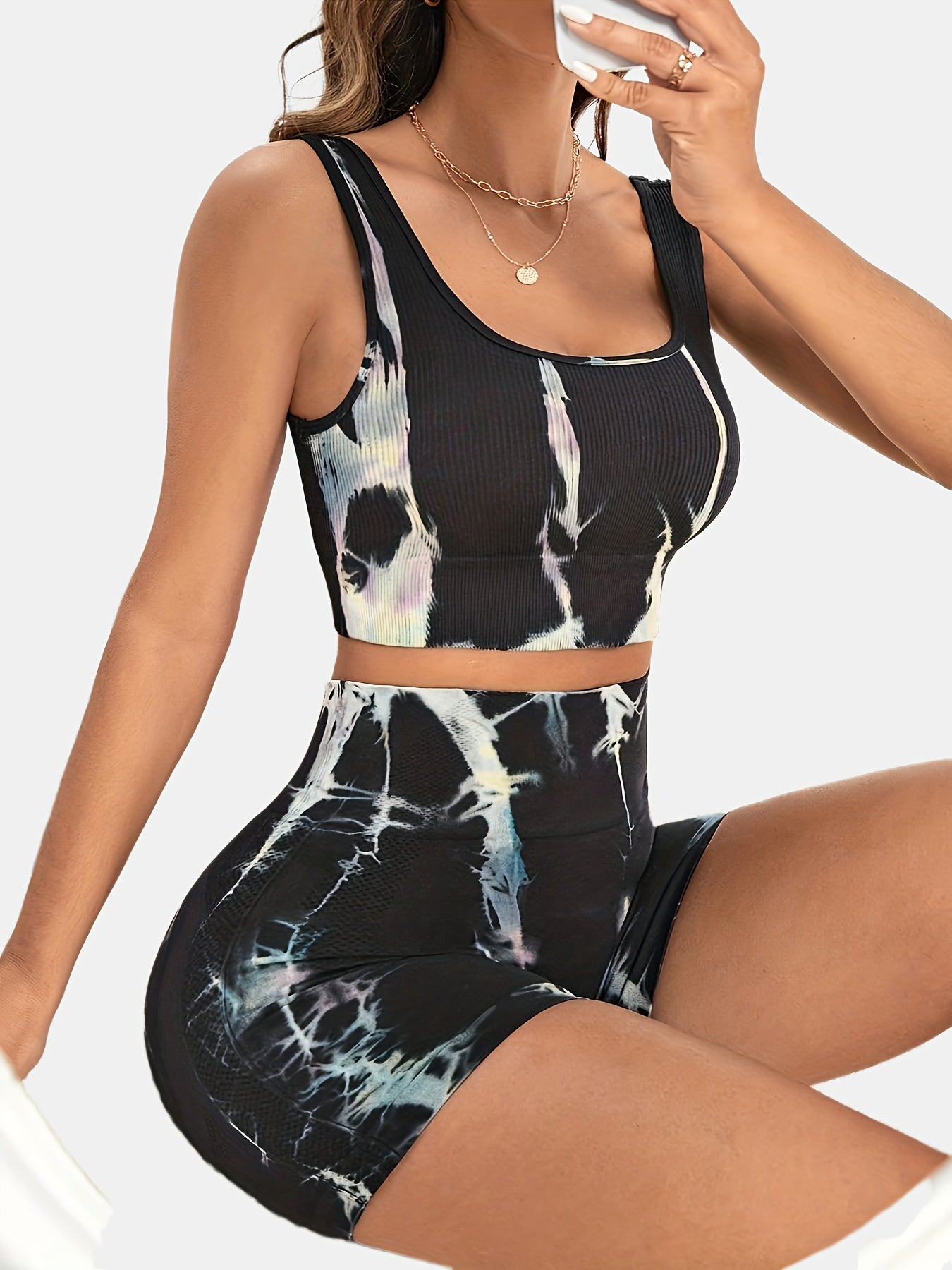 Knitted Round Neck Yoga Set Tank Top Biker Short Sports Suit