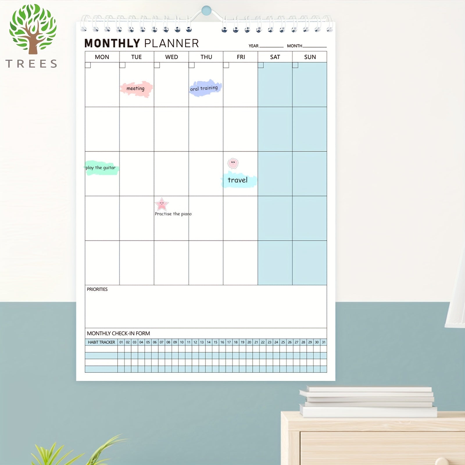 Trees Wall Calendar Planner Undated Spiral Note Pad For Home Office School