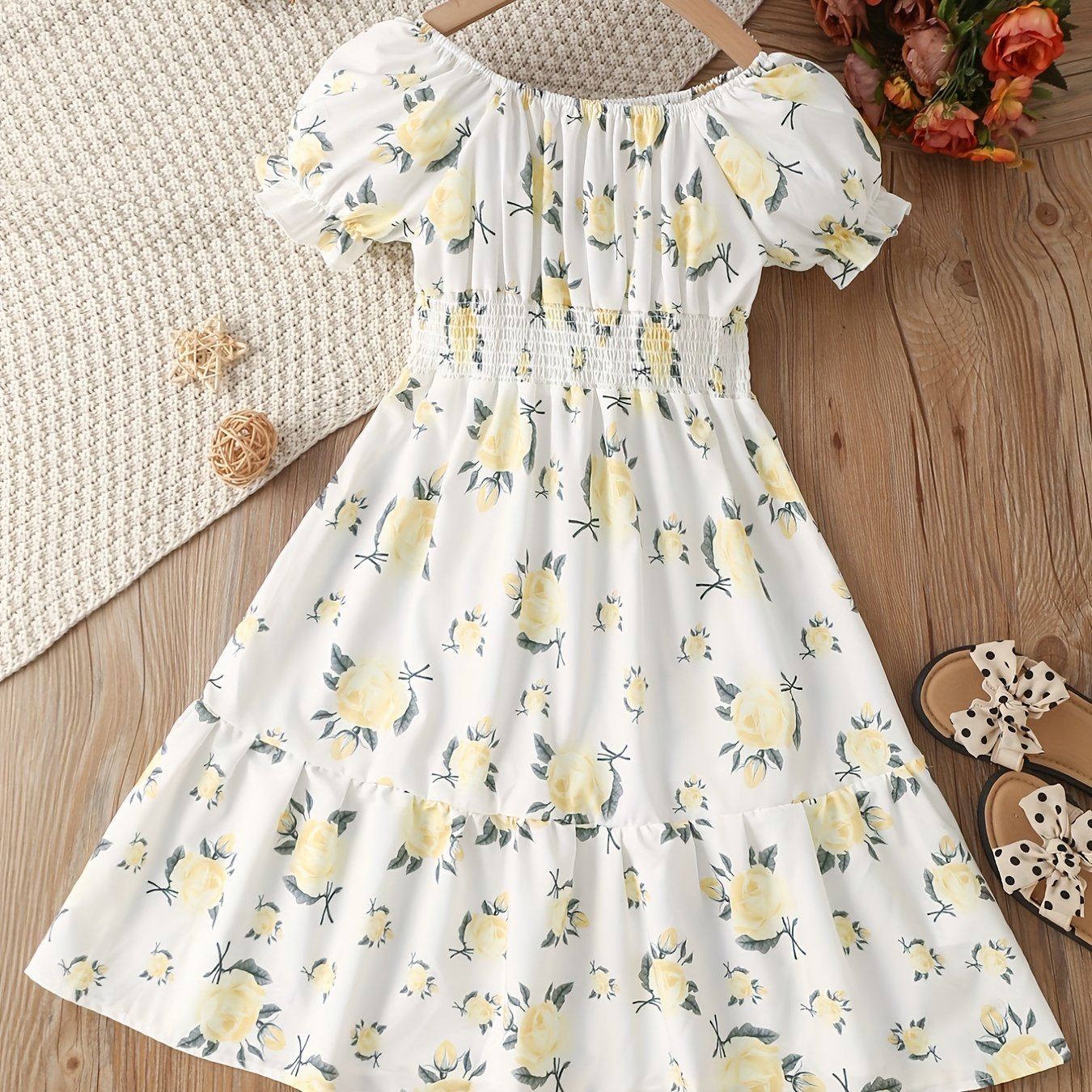 Girls Floral Dress Stretchy Waist Swing Dresses Short Sleeve