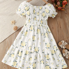 Girls Floral Dress Stretchy Waist Swing Dresses Short Sleeve