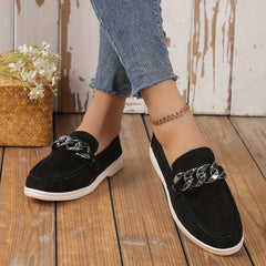 Women's Metallic Chain Decor Loafers Slip On Low Round Toe Solid Soft Sole Shoes