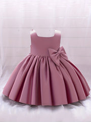 Girls Cute Bow Pleated Gown Dress Sleeveless Baby First Birthday Baptism Dress