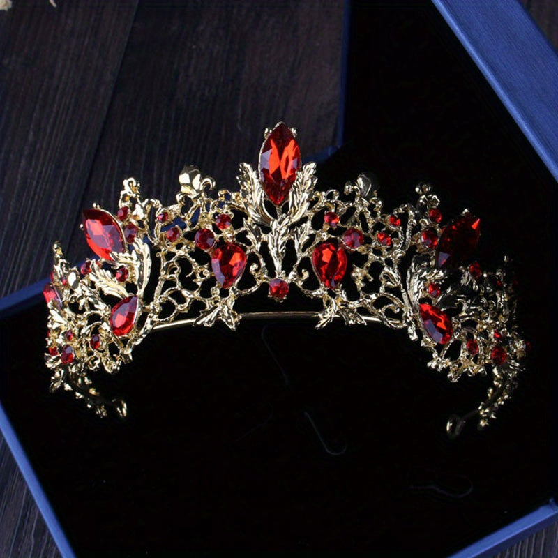 Red Rhinestone Crown Tiara Necklace Earrings Set