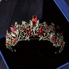 Red Rhinestone Crown Tiara Necklace Earrings Set