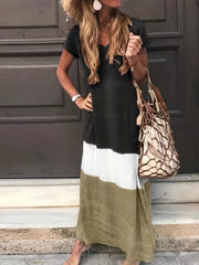 Colorblock Stripe Print Short Sleeve V Neck Maxi Dress