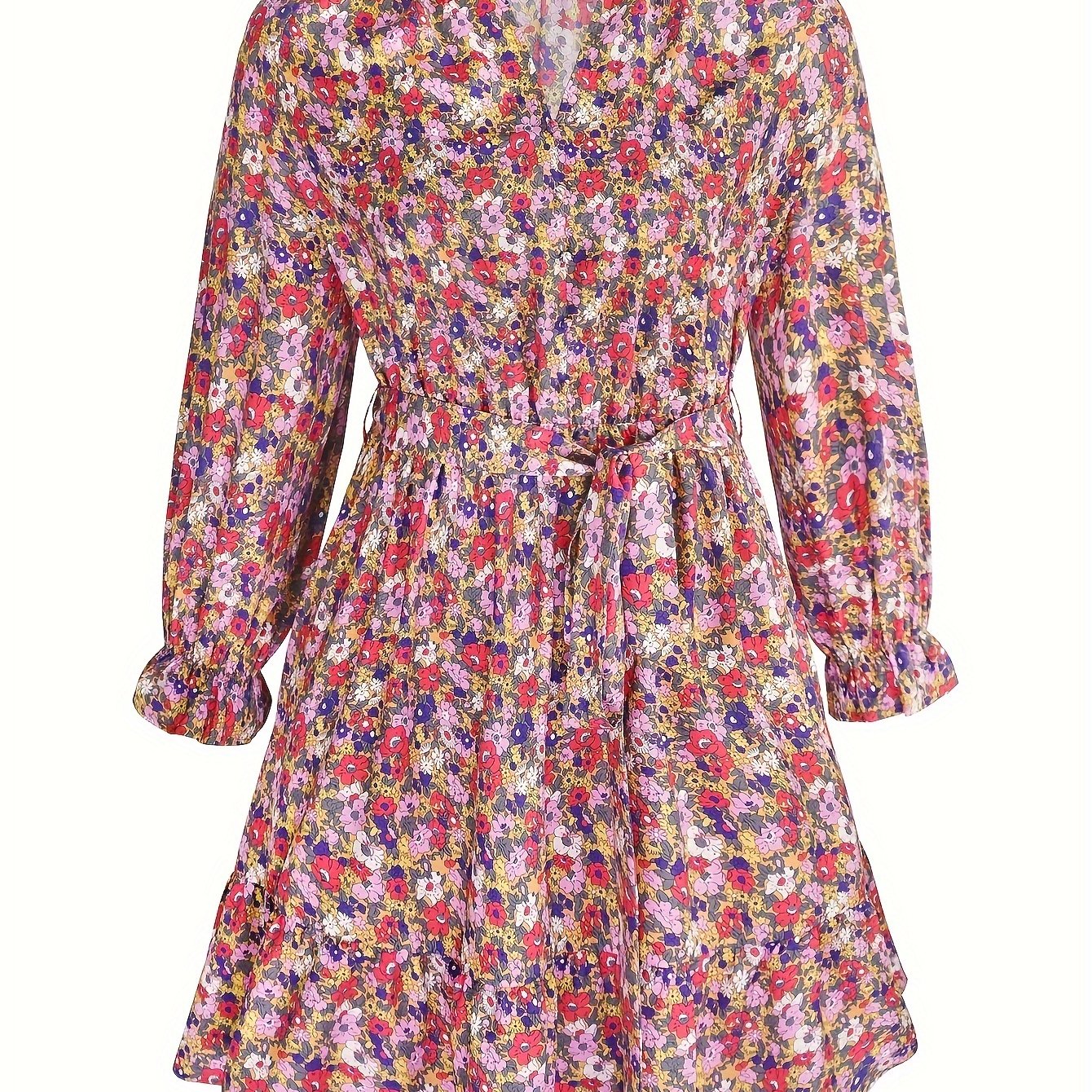 Floral Print Lantern Sleeve V Neck Dress