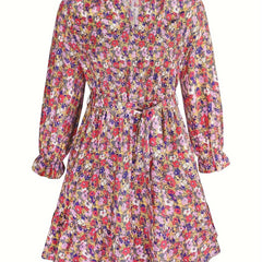 Floral Print Lantern Sleeve V Neck Dress