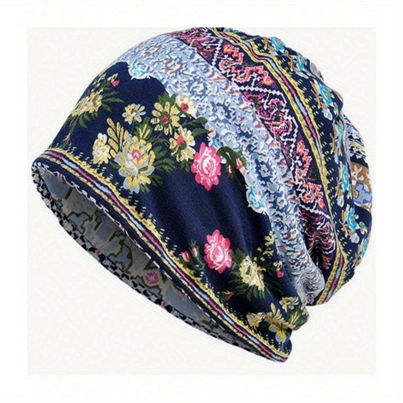 Vintage Floral Print Beanie Boho Warm Knit Hat