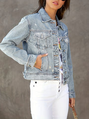 Distressed Denim Jacket with Slit Pocket