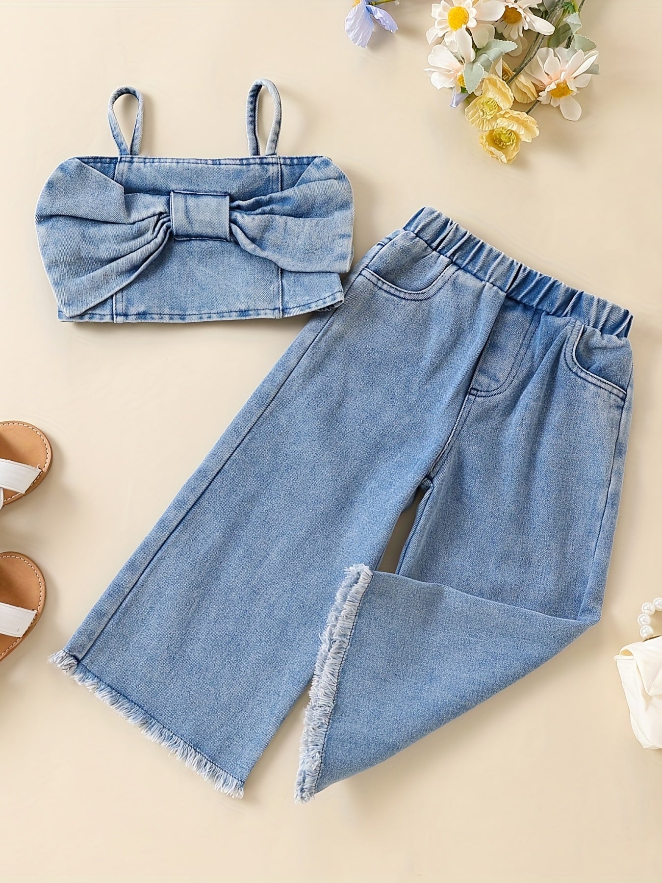 2pcs Baby Girls Bowknot Denim Camisole Top & Pants Set