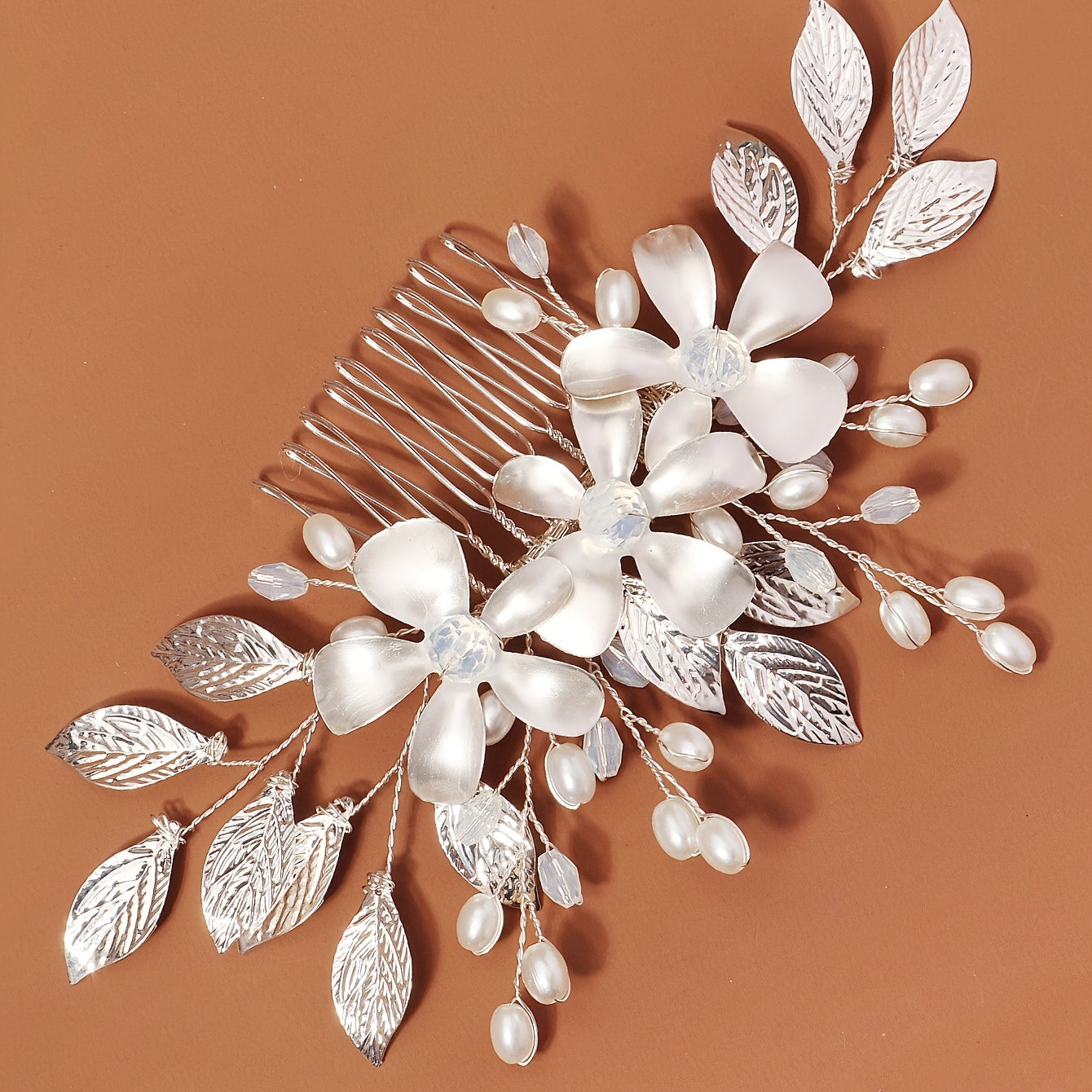 Bride Hair Comb Silvery Leaves Faux Pearl Bridal Hair Side Combs