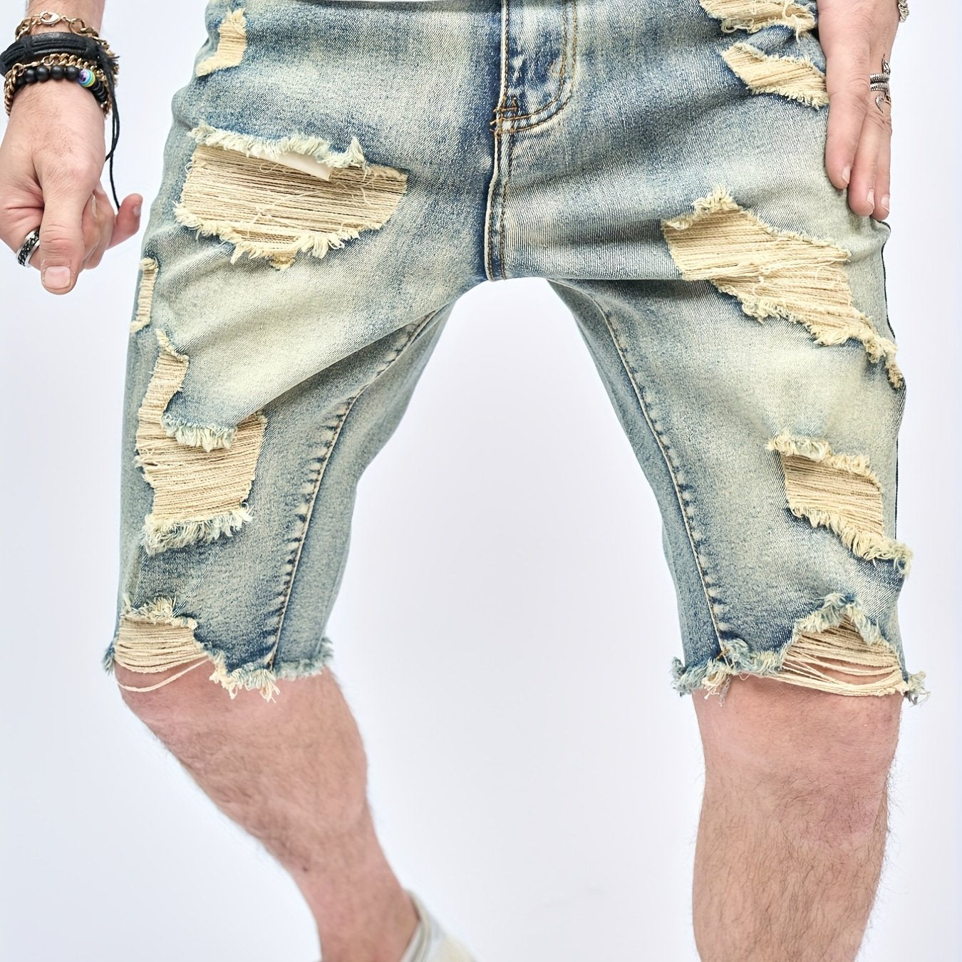 Vintage Ripped Denim Shorts Men's Casual Street Style Mid Stretch Denim Shorts