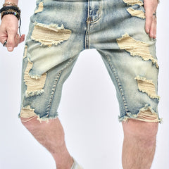 Vintage Ripped Denim Shorts Men's Casual Street Style Mid Stretch Denim Shorts