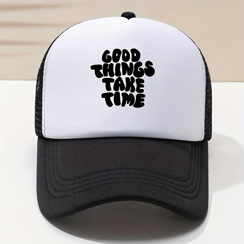 Unisex Block Trucker Hat GOOD THINGS TAKE TIME Print Mesh Baseball Cap