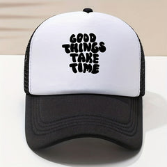 Unisex Block Trucker Hat GOOD THINGS TAKE TIME Print Mesh Baseball Cap