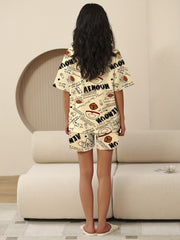 Letter Print Pajamas Set Short Sleeve Crew Neck Top & Lounge Shorts