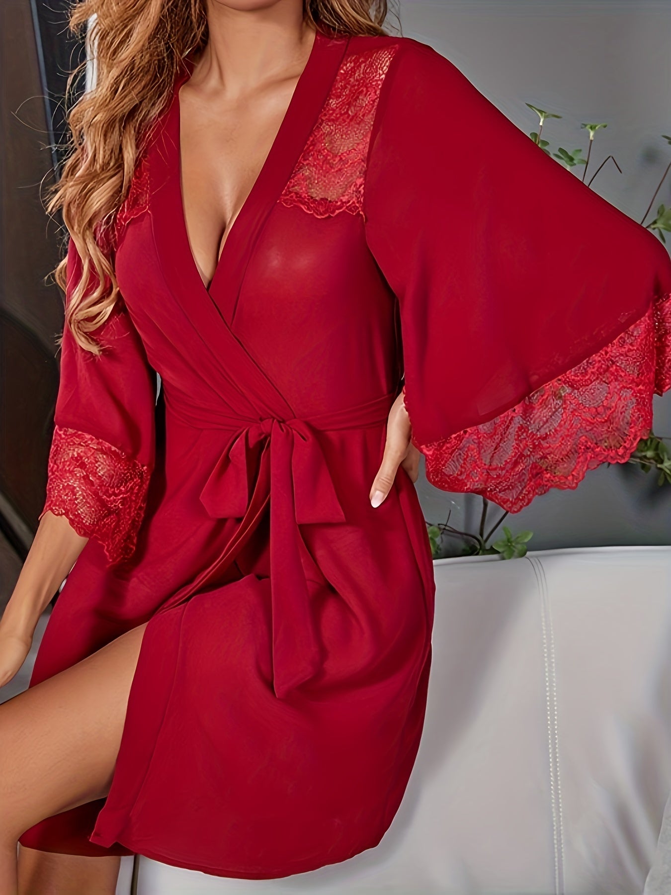 Contrast Lace Night Robe 3 4 Sleeve V Neck Robe With Belt