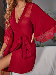 Contrast Lace Night Robe 3 4 Sleeve V Neck Robe With Belt