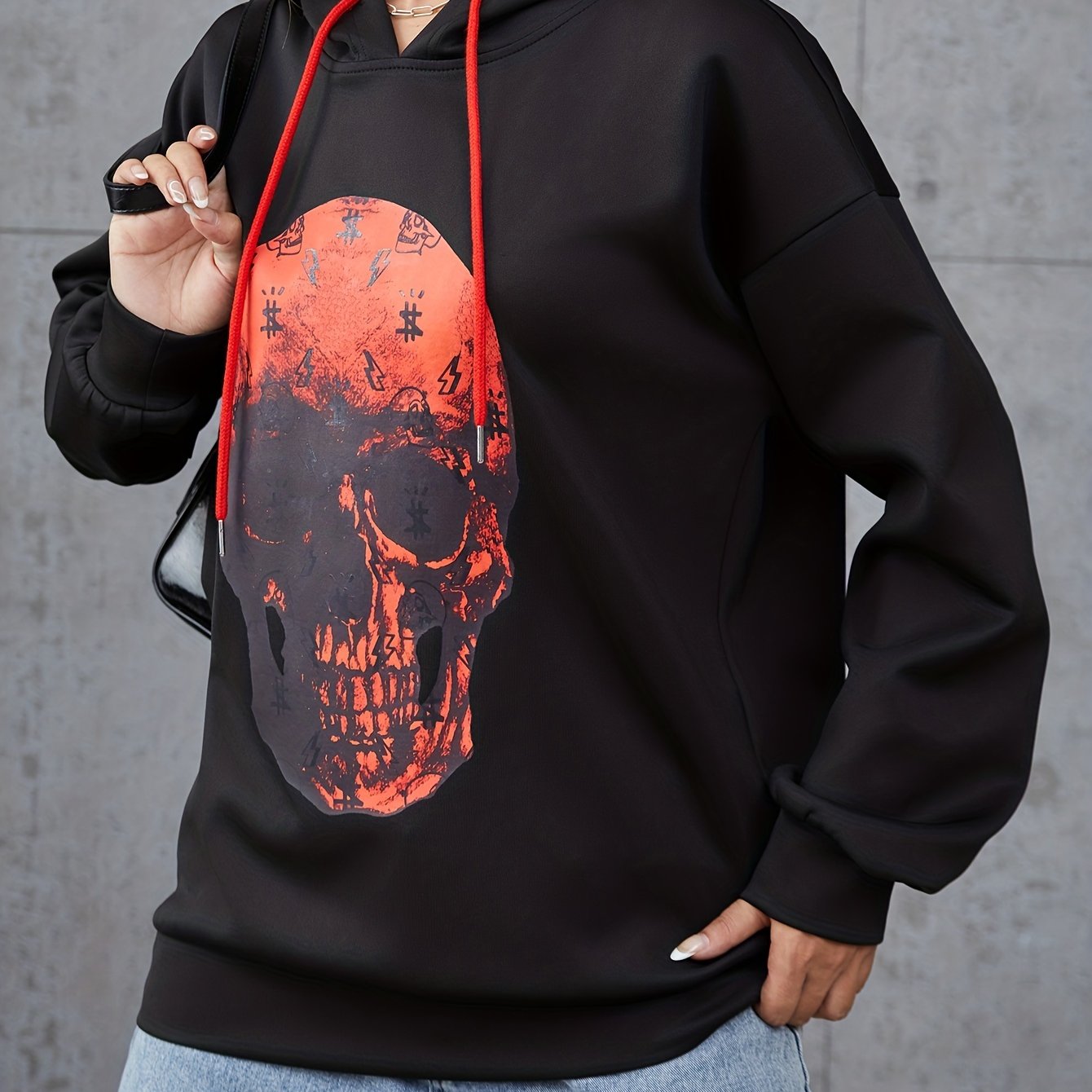 Skull Print Hoodie Long Sleeve Drawstring Hoodies Women's Clothing